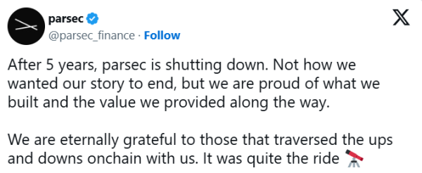
                    Инструмент для ончейн-аналитики Parsec прекращает работу из-за волатильности рынка                