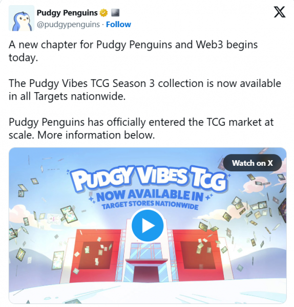 NFT-проект Pudgy Penguins выпустил коллекционные карточки Vibes Series 3