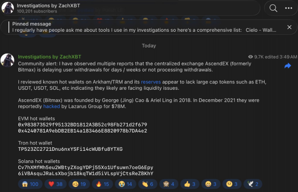 ZachXBT предупредил о проблемах с выводом средств с биржи AscendEX