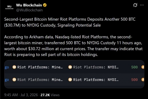 Объем вывода ETH с Binance достиг трехлетнего максимума, а Riot выставила на продажу ещё 500 BTC Объем вывода ETH с Binance достиг трехлетнего максимума, а Riot выставила на продажу ещё 500 BTC