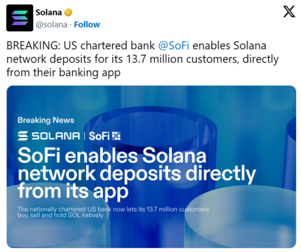 
                    SoFi стал первым банком США, принимающим депозиты в сети Solana                